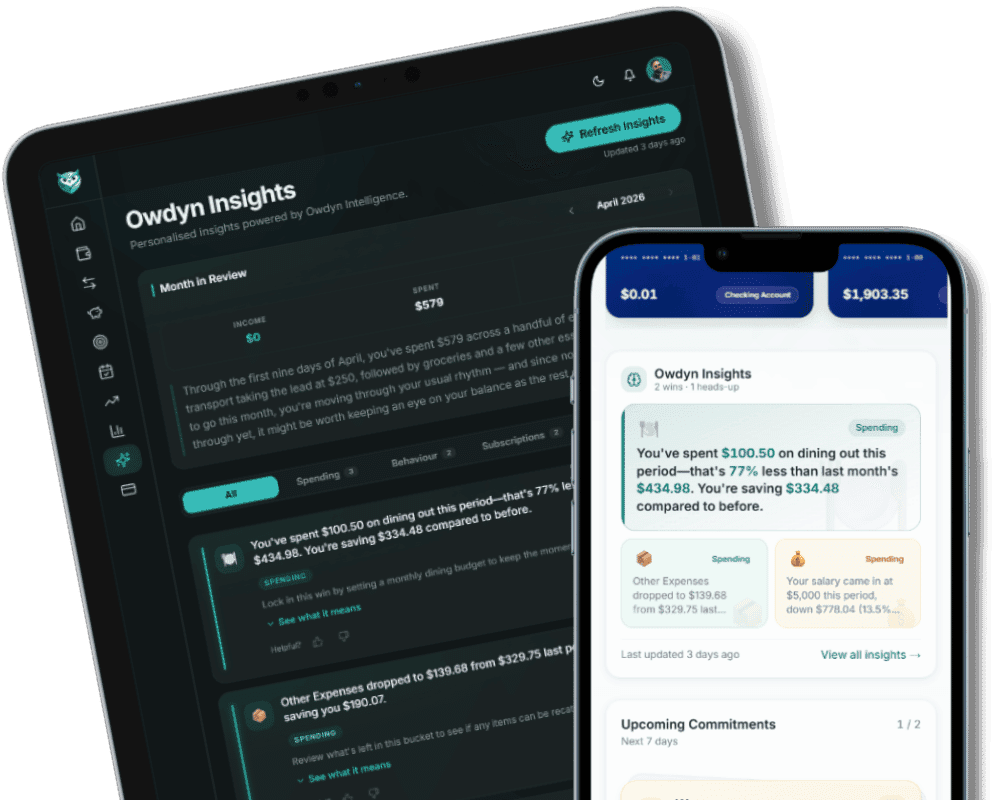 Owdyn AI Insights showing personalised monthly narrative and spending observations