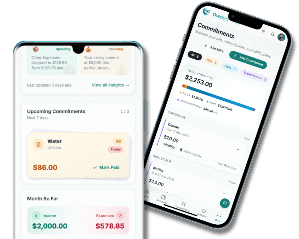 Owdyn commitments view showing bills, subscriptions and BNPL plans