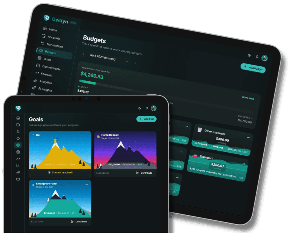 Owdyn budgets and goals screens showing category spending and savings progress
