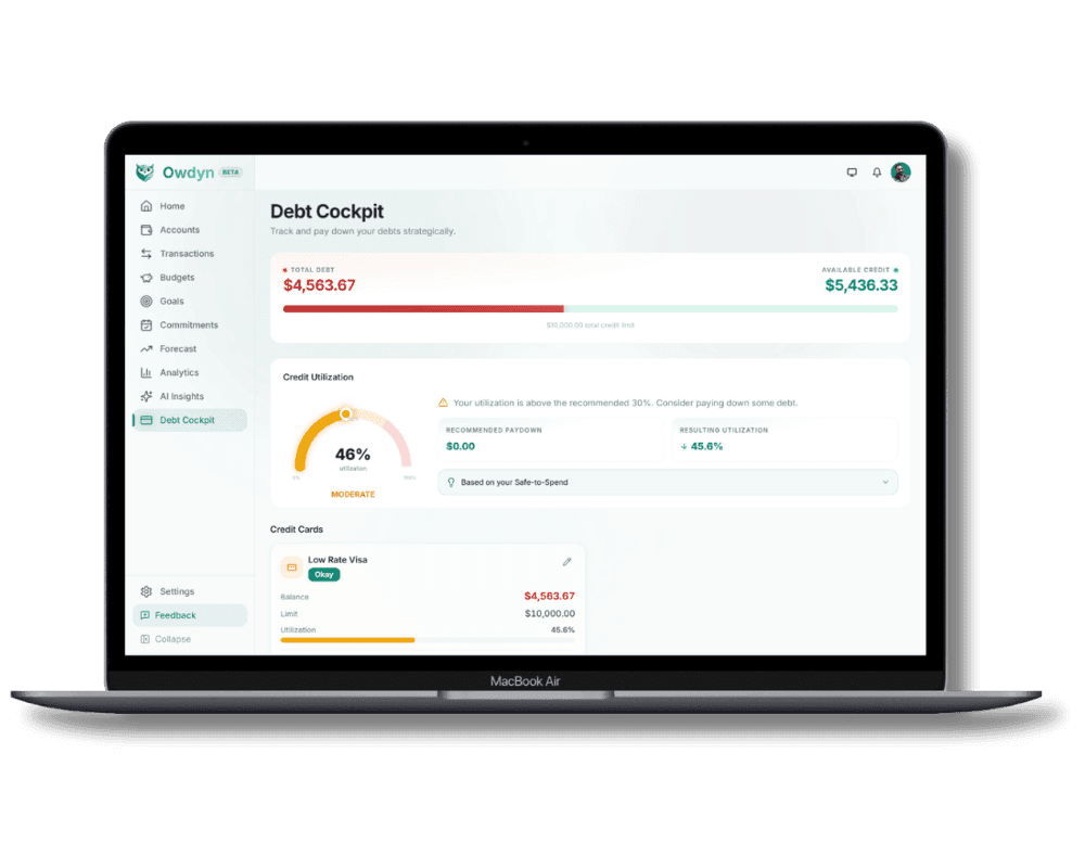 Owdyn Debt Cockpit showing credit card balances, utilisation and payoff simulator