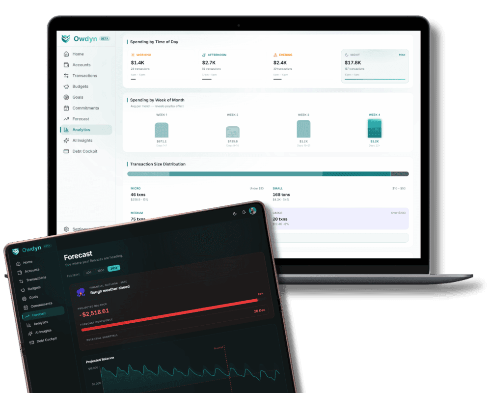 Owdyn forecast and analytics showing projected balance curve and spending trends