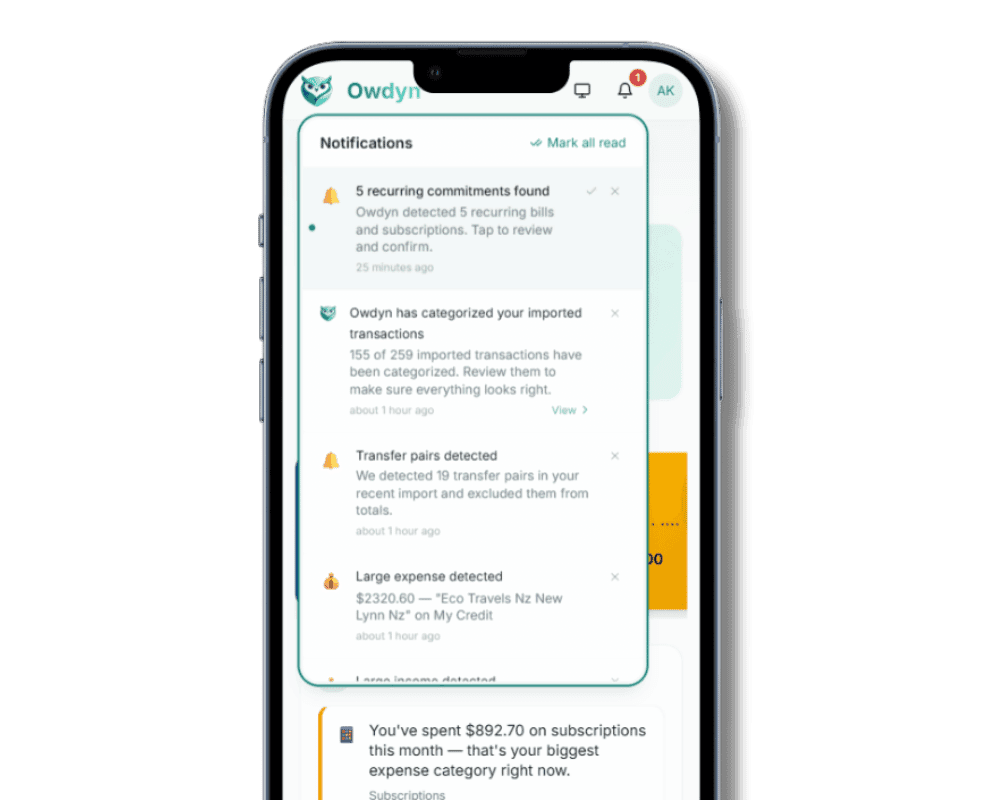Owdyn notifications panel showing bill reminders and smart financial alerts