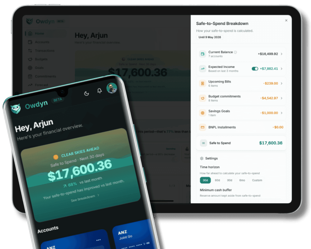 Owdyn Safe-to-Spend showing exactly what you can spend after bills and goals