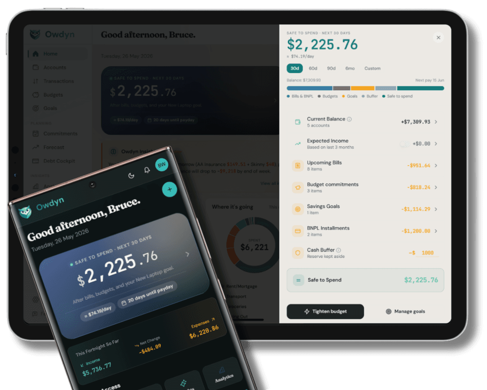 Owdyn Safe-to-Spend showing exactly what you can spend after bills and goals