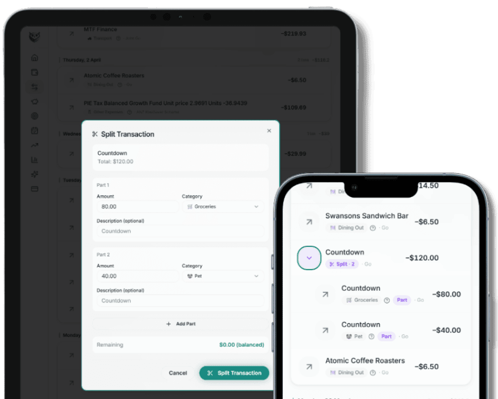 Owdyn split transaction modal showing a $120 Countdown transaction split across Groceries, Pet, and Personal Care categories