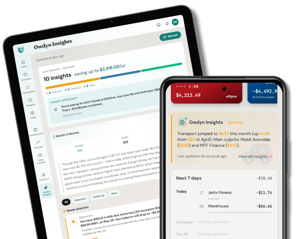 Owdyn AI Insights showing personalised monthly narrative and spending observations