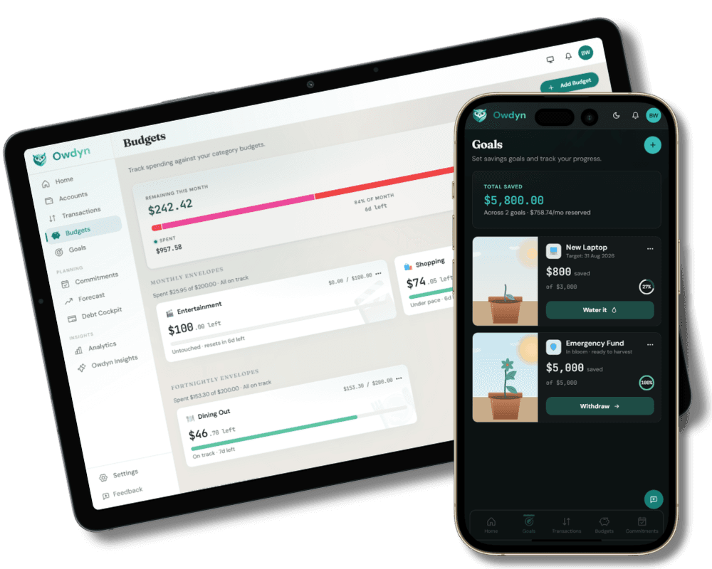 Owdyn budgets and goals screens showing category spending and savings progress
