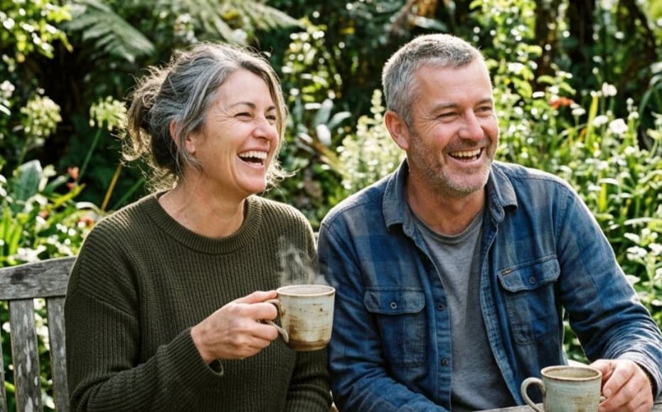 An older couple laughing over coffee in their garden
