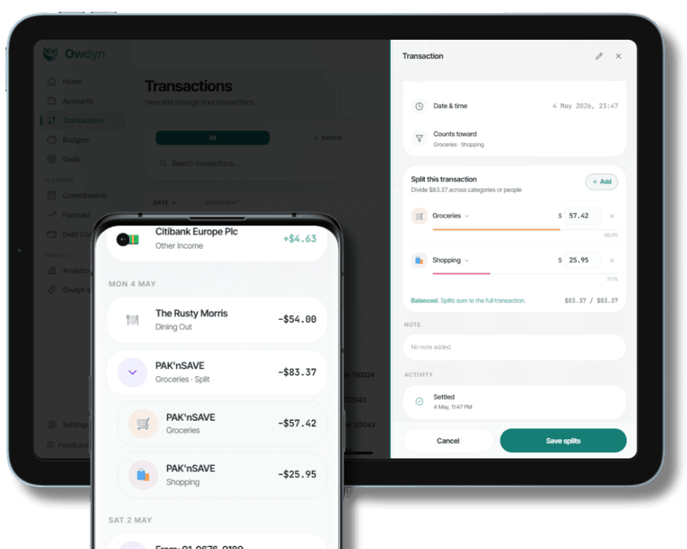 Owdyn split transaction modal splitting a Countdown shop across categories