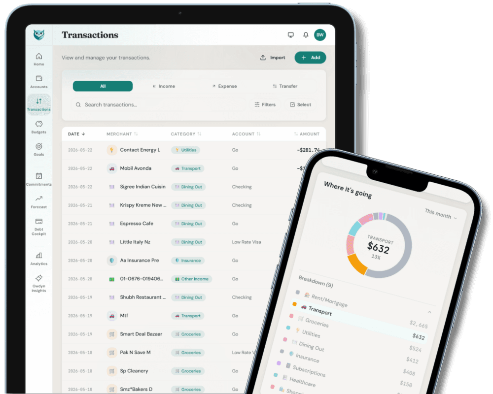 Owdyn transactions view with search, filters and spending breakdown by category