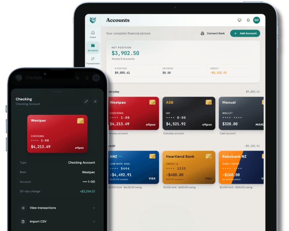 Owdyn accounts view showing connected NZ bank accounts and a Connect Bank option