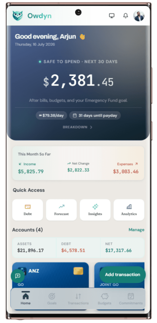 Owdyn app showing a Safe-to-Spend balance for the next 30 days with bills, BNPL and savings already accounted for